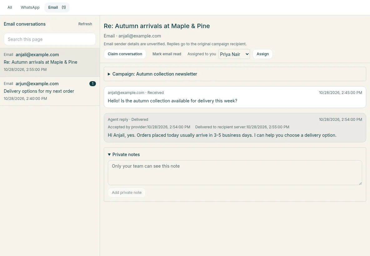 KiteGreet shared inbox showing an email conversation with claim and assign controls